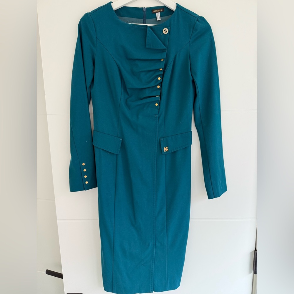 Kensol Teal Long Sleeve Sheath Dress with Gold Accents